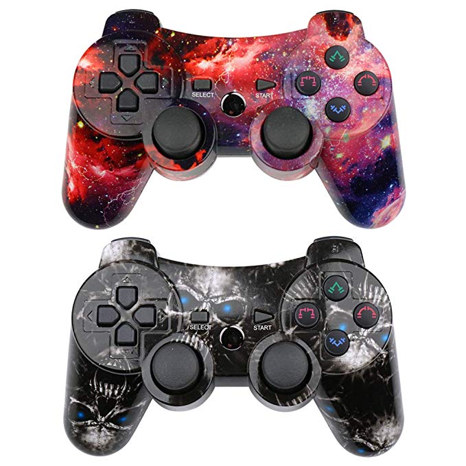 CHENGDAO PS3 Controller Wireless 2 Pack Double Shock Gamepad for Playstation 3 Remote, Sixaxis Wireless PS3 Controller with Charging Cable (Skull   Galaxy)