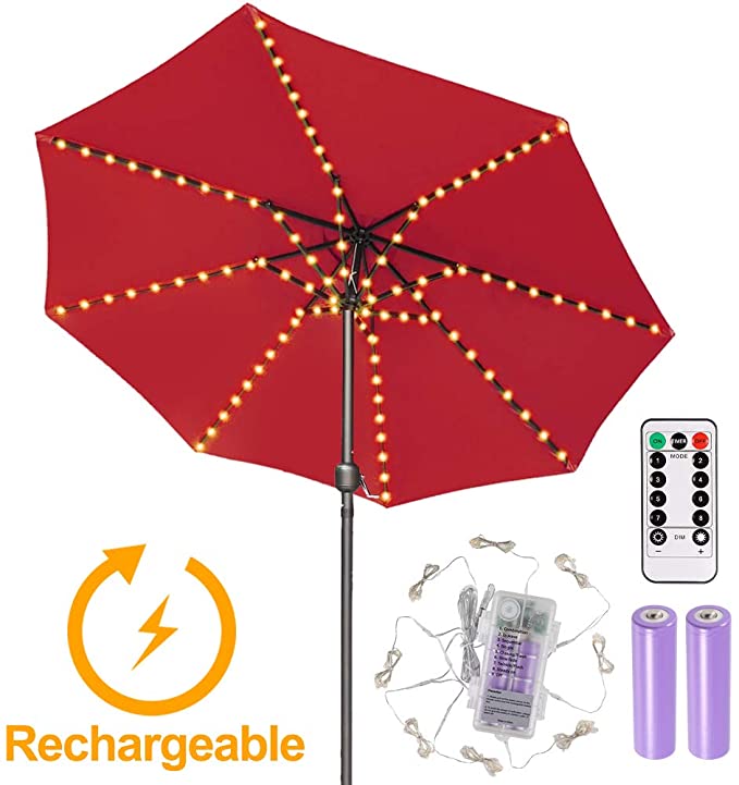 Rechargeable Patio Umbrella Lights, ECOWHO Battery Operated Umbrella String Lights Outdoor, 8 Modes, Timer, for Patio Umbrella, Camping, Tents, Christmas（2x2000mah Rechargeable Batteries, USB Charge)