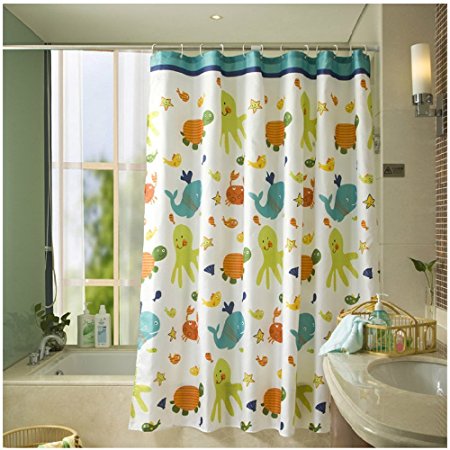 HOMEIDEAS Funny Kids Shower Curtain with Printed Animals Tortoise/Fish pattern Bathroom Mildew Resistant Polyester Fabric Waterproof/Water-Repellent & Antibacterial, 72x72 Inch