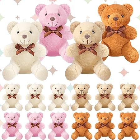 16 Pcs Mini Bear Stuffed Animal 4 Inch Bear Bulk Small Bear Mini Joint Bear Soft Tiny Bear Doll for DIY Keychain Party Favor Decor(Light Brown, Dark Brown, Pink, Beige,Simple)