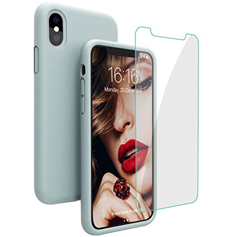 iPhone X Case, iPhone Xs Case, JASBON Liquid Silicone Phone Case with Free Screen Protector Gel Rubber Shockproof Cover Full Protective Case for iPhone X/XS-Light Green