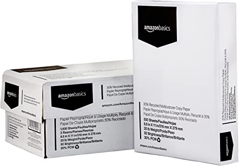 AmazonBasics 30% Recycled Multipurpose Copy Printer Paper - 8.5 x 11 Inches, 3 Ream Case (1,500 Sheets)