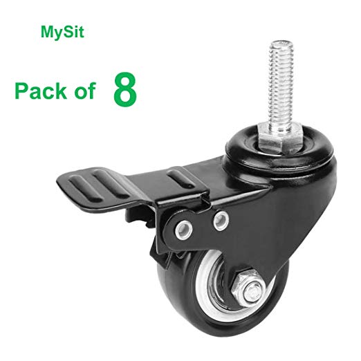 MySit 2" Pack of 8 Casters with Brake Lock (Threaded Stem Bolt M10x25), Heavy Duty Swivel Stem Brake Caster Wheels with Hardwares Nuts for Shopping Carts Trolley