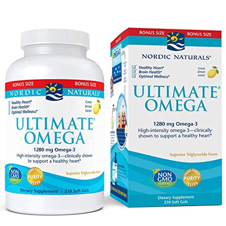 Nordic Naturals Ultimate Omega SoftGels - Concentrated Omega-3 Fish Oil Supplement with More DHA & EPA, Supports Heart Health, Brain Development and Overall Wellness, Burpless Lemon Flavor, 210 Count