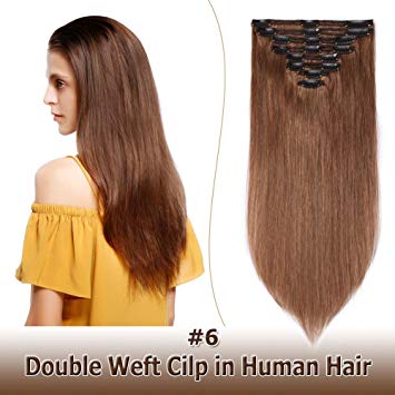 22 Inch/160g Clip in Human Hair Extensions Light/Chestnut Brown Double Weft Thick 8pcs 18 clips on 8A Grade Soft Straight 100% Remy Hair (#6,22’’)