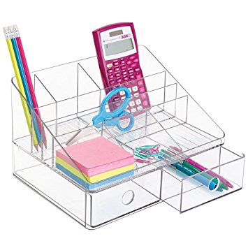 mDesign Office Supplies Desk Organizer for Scissors, Pens, Markers, Highlighters, Tape - 2 Drawers, Clear