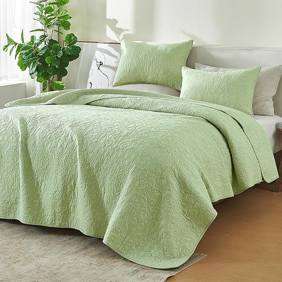 100% Cotton Stitched Full/Queen Quilt Set with Shams, Green Vintage Decor Bedding Set, All-Season, Ultra-Soft Lightweight Bedspreads. (Full/Queen, Green - Heirloom)