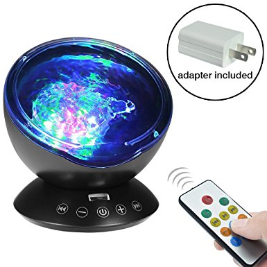 [Wall Adapter Included] Remote Control Ocean Wave Projector 7 Colors Led Night Light with Built-in Music Player for Living Room and Bedroom