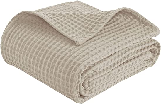 PHF 100% Cotton Waffle Weave Throw Blanket 50" x 60" - Pre-Washed Soft Lightweight Breathable Blanket for All Season - Perfect Blanket Layer for Couch Bed Sofa - Elegant Home Decoration - Khaki