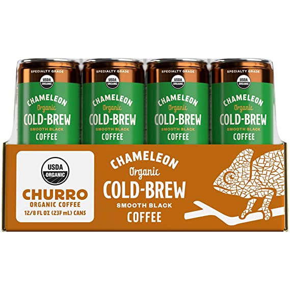 Chameleon Cold-Brew Organic Churro Smooth Black Coffee, 8 Fl. Oz. Can (12 Pack) – Diary-Free Cold-Brew Coffee Beverage Made with Organic Ethically Sourced Coffee Beans