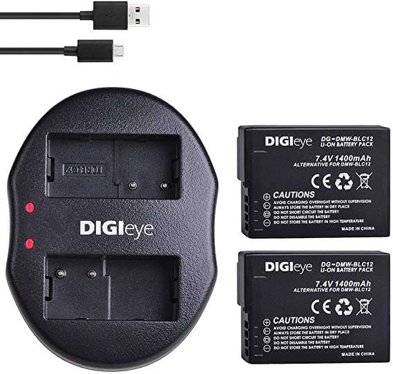 DIGIeye DMW-BLC12 Battery (2-Pack) and Dual USB Charger for Pansonic DMW-BLC12 and Panasonic Lumix DMC-FZ200, DMC-FZ1000, DMC-G5, DMC-G6, DMC-G7, DMC-GX8, DMC-G85, DMC-GH2