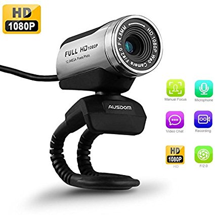 USB Webcam 1080P, AUSDOM 12.0M HD Camera Web Cam with Built-in Microphone Clip-On for Laptop Desktop Computer PC Skype Vedieo Call & Recording, Compatible with Windows 7/8/10, Auto Exposure, Digital Zoom - Black