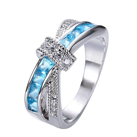 Rongxing Jewelry Cross Blue Aquamarine Diamond Women's White Gold Cocktail Ring Size 6-10