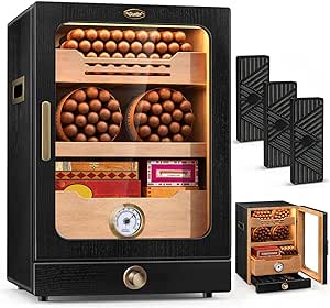 Scotte LED Lighted Cigar Humidor Cabinet, 15L Cigar Humidors for 100-150 Cigars, with Spanish Cedar Wood Shelves&Accessories Drawer, 3 Humidifiers, Hygrometer, Magnetic door, Gift for Men/Cigar Lover