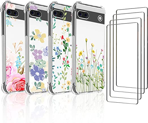 [4 4 Pack] Google Pixel 6A Case (2022), 4 Exquisite Flowers Pattern Cases Designed with Shockproof Corner, with 4 Pack Tempered Glass Screen Protector, Slim TPU Protective Cover for Pixel 6a