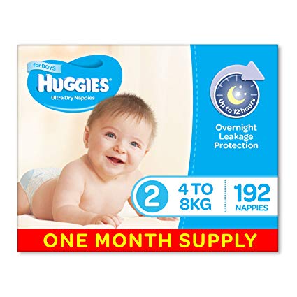 Huggies Ultra Dry Nappies, Boys, Size 2 Infant (4-8kg), 192 Count, One-Month Supply