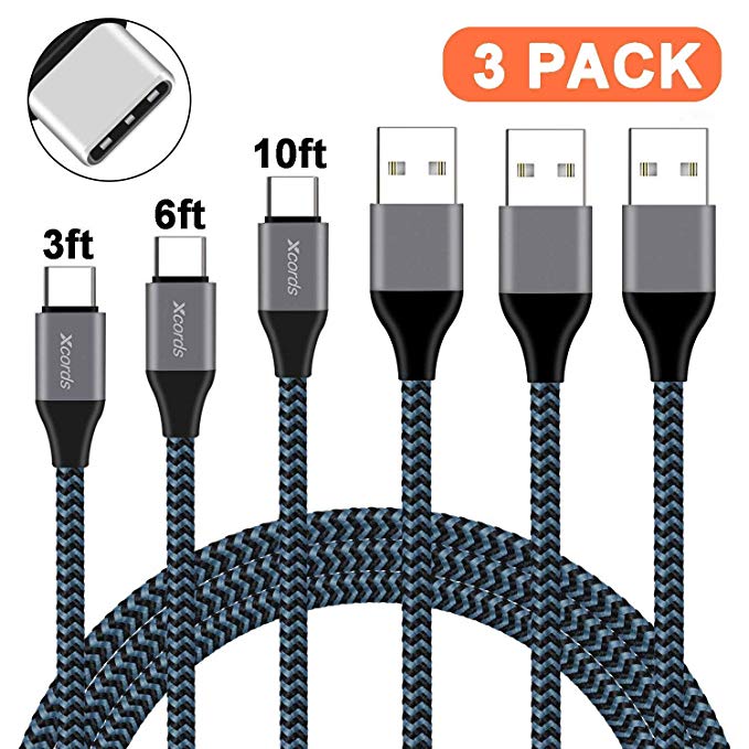 USB Type C Cable, Xcords 3Pack 3FT 6FT 10FT USB A to USB C Cable, Upgraded Premium Nylon Braided Fast Charger Compatible Galaxy S9/S8 Plus/Note 9/8 Google Pixel/Moto Z Z2 / LG V30 / Nintendo Switch