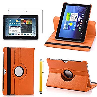 Perfect Technology(TM)360 Rotating Case Cover PU Folio Leather Stand Case For Samsung Galaxy Tab 2 10.1 P5100 P7510 Auto Sleep/Wake Tablet With Screen Protector and Stylus(orange)?