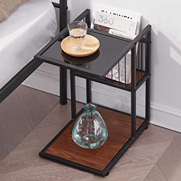 VECELO Classic 2-Tiers Accent C Shape, Side/End/Coffee Table with Metal Mesh Storage Basket, Brown