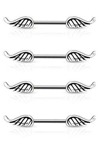 (4pcs) Angel Wings 316L Surgical Steel Nipple Bar 14g & 7/16" Lenght