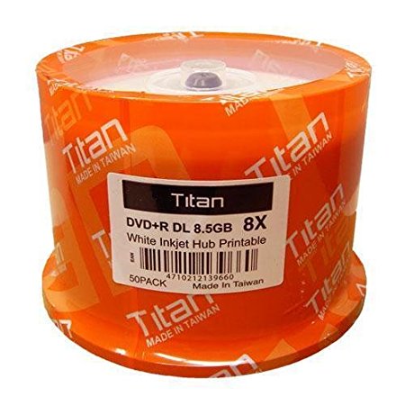 Titan Duplication Grade White Inkjet Hub Printable 8X 8.5GB DVD R Double Layer DL Media 50 Pack in Cake Box