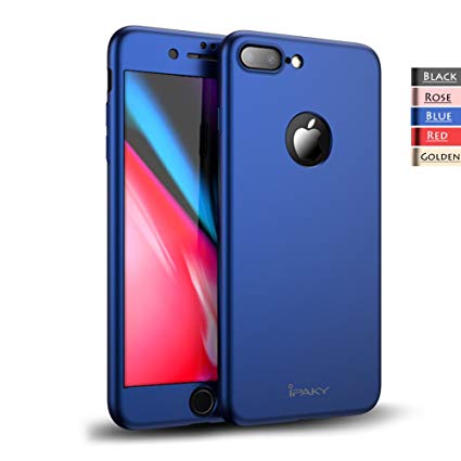 iPhone 8 Plus Case, Rebex & iPaky 360 All-Around Protective Cover Thin Slim Fit [Non-Slip] Dual Layer Hard Case with Tempered Glass Screen Protector for iPhone 8 Plus (Blue)