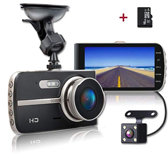 SHISHUO Dash Cam Front and Rear - UPGRADED 4 Inch Big Screen 1080P HD IPS Display Driving Recorder Cameras with 16GB Micro SD Card, G-Sensor, Motion Detect, LED Compensation, Parking Monitoring
