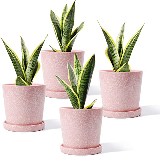 POTEY Ceramic Plant Pot Connected Saucer - 4.8 Inch Medium Indoor Flower Planter Container Garden Glazed with Drainage Decor Offic - Set of 4, Pink