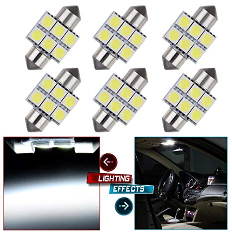 cciyu 6 Pack White 31MM 5050 6SMD Festoon Dome Map Interior LED Light DE3175 3022 3021 6428 6430 6461 Replacement fit for Festoon Map Dome Cargo Trunk License Plate Light