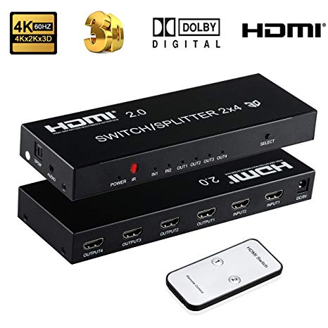 2 x 4 HDMI Switch, ZAMO 2 in 4 Out HDMI Switcher Splitter with Amplifier SPDIF Audio 3.5mm, 4 Out 2 in HDMI 2.0 Switch Splitter with Audio Extractor Support HD 4Kx2K, 3D, 1080P