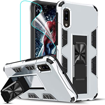 LeYi Compatible with Samsung A10E Case, Samsung Galaxy A10E Case with 2 Tempered Glass Screen Protector, Military-Grade Shockproof Built-in Kickstand Car Mount Phone Case for Galaxy A10E, Silver