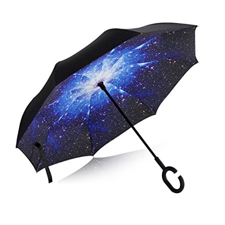 WIM Double Layer Inverted Umbrellas Reverse Folding Umbrella Windproof UV Protection Big Straight Umbrella for Car Rain Outdoor With C-Shaped Handle