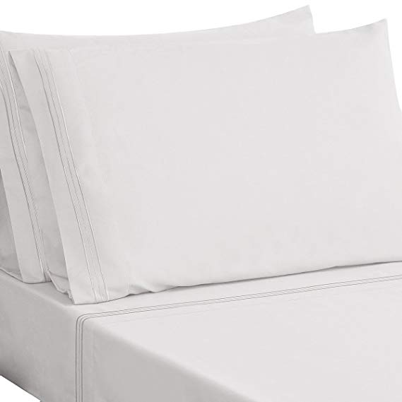 HONEYMOON HOME FASHIONS Microfiber Embroidered Twin Bed Sheet Set, Soft and Luxury, White