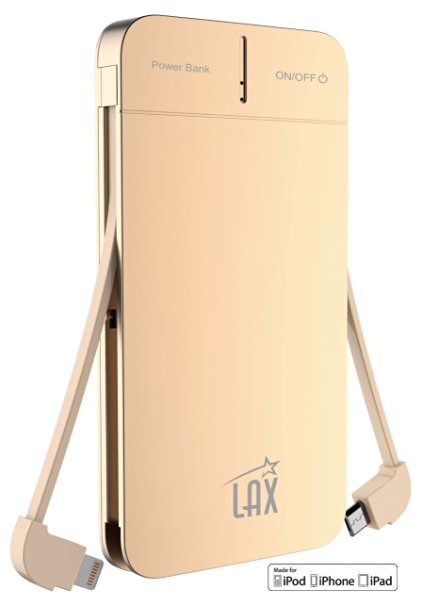 [Apple MFI Certified] LAX 4000 mAh Slim and Compact External Battery Charger, Portable Power Bank and Travel Charger with Built-in Lightning & Micro USB Cables (Gold)