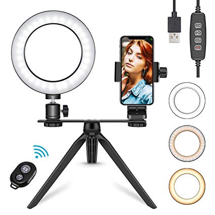 Neewer 6-inch LED Ring Light with Tripod Stand for Makeup YouTube Video, Mini USB LED Camera Light with Phone Holder, Dual Mount Bracket, Remote for Live Stream, 3 Light Modes & 11 Brightness Level