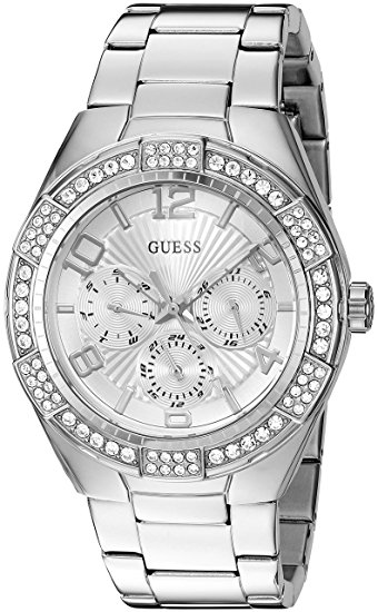 GUESS Women's U0729L1 Sporty Silver-Tone Stainless Steel Watch with Multi-function Dial and Pilot Buckle