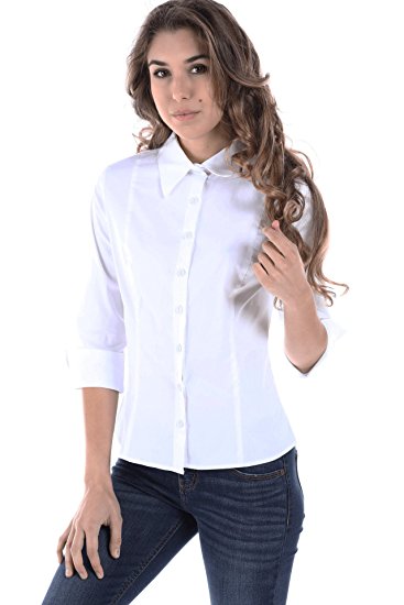 Fashion Magazine Women's Button Down Basic 3/4 Sleeve Slim Shirts,Made in USA(Small-3XL)