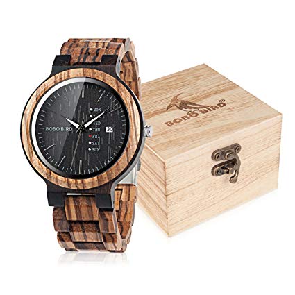 BOBO Bird Week and Date Multi-Functional Display Men's Zebra Wooden Quartz Watch Lightweight Handmade Casual Wristwatches with Gift Box