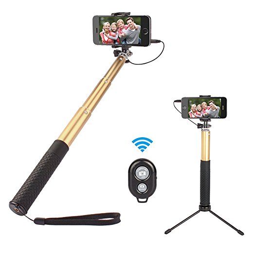 Bluetooth Selfie Stick, ELOKI 3 in 1 Extendable Mini Tripod 360 ° Rotation Pocket Selfie Stick with Remote, Fits For iPhone, Galaxy, Nexus and More - Gold
