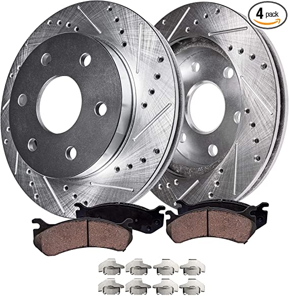 Detroit Axle - 319mm Front Drilled and Slotted Brake Rotors   Ceramic Pads w/Hardware Replacement for Toyota 4Runner Tacoma FJ Cruiser [6 Lug Models] - 4pc Set
