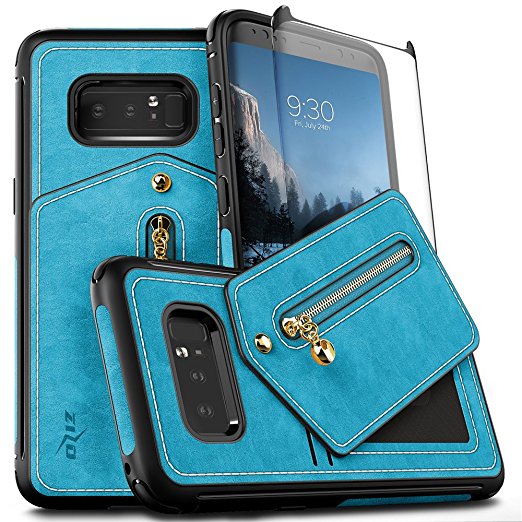 Samsung Galaxy Note 8 Case, Zizo Nebula Wallet Case w/[Curved Full Glass Screen Protector] Zipper Pouch-Slim Folio w/Card Slots and Magnetic Closure