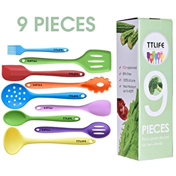 TTLIFE Silicone Utensils Kitchen Colorful 9 Pieces With Turner, Spatula, Soup Ladle,Brush,Long Handle Shovel,Long Spoon,Slotted Spoon,Shovel Spoon,Colander