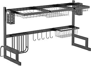 HOMCOM Égouttoir à vaiselle séchoir à vaiselle au-Dessus de l'évier 2 Niveaux Porte-Couteau Support pour Planche à découper Rangement pour Organisateur de Cuisine - 93 x 30 x 52,5 cm - Acier Noir