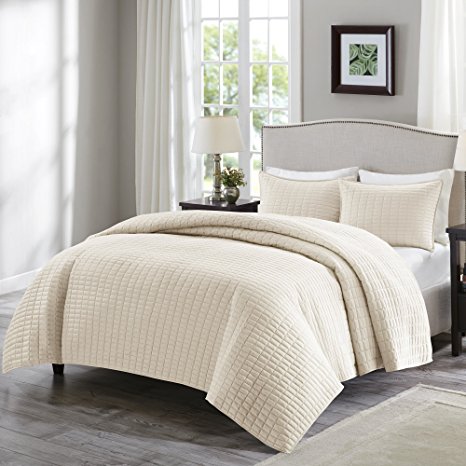 Comfort Spaces – Kienna Quilt Mini Bedspread Set - 3 Piece – Ivory– Stitched Quilt Pattern – Full/Queen size, includes 1 Quilt, 2 Shams