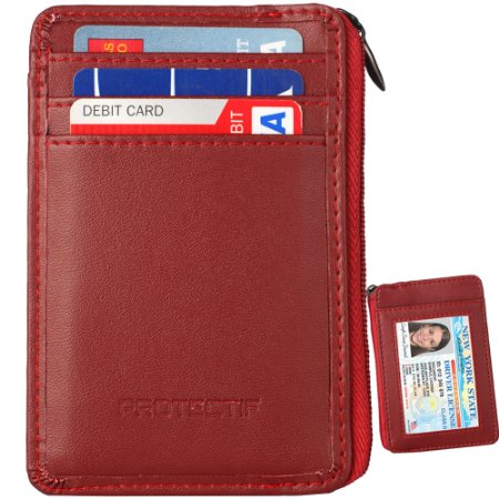 RFID Blocking Sleeves Front Pocket Leather Wallet for Women and Men, RFID Safe Sleeve Mini Card Holder with Zipper and ID Window, Genuine Leather Durable Slim Convenient Wallets, Stopping RFID Scans