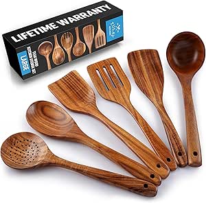 Zulay Kitchen Extra-Large 6-Piece Wooden Spoon Set for Cooking - Smooth Teak Wooden Utensils - Comfort-Grip Non-Stick Wooden Cooking Spoons - Large Wooden Turner, Spatula, Skimmer, Fork, Serving Spoon