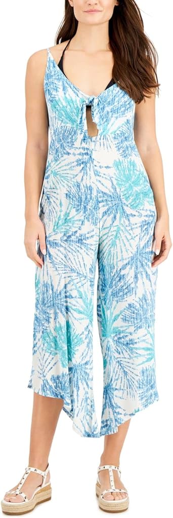 J. VALDI Women's Printed Tie Front Cover up Jumpsuit Swimsuit Blue Size Small