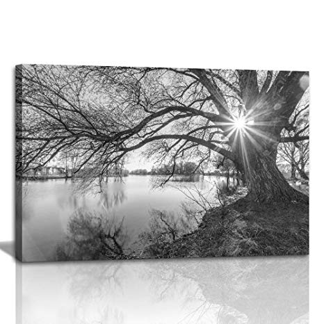 1 Large Modern Canvas Painting Wall Art The Pictures Photo for Home Decor Black and White Tree Silhouette in Sunrise Time Lake Landscape Prints On Canvas Giclee Artwork for Wall Decor