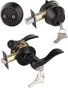 1 Pack Front Door/Exterior Door Lever Lockset with Double Cylinder Deadbolt Combination Set Keyed Alike, Black Finished