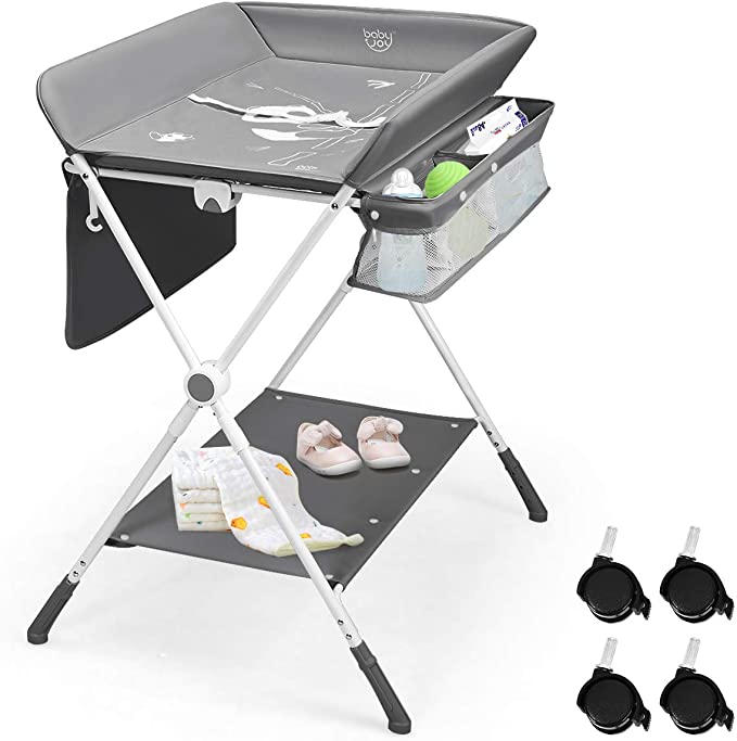 COSTWAY 4-in-1 Baby Changing Table, Adjustable Infant Care Station with Wheels and Storage, Folding Newborn Bath and Massage Tables Diaper Organizer (Grey)